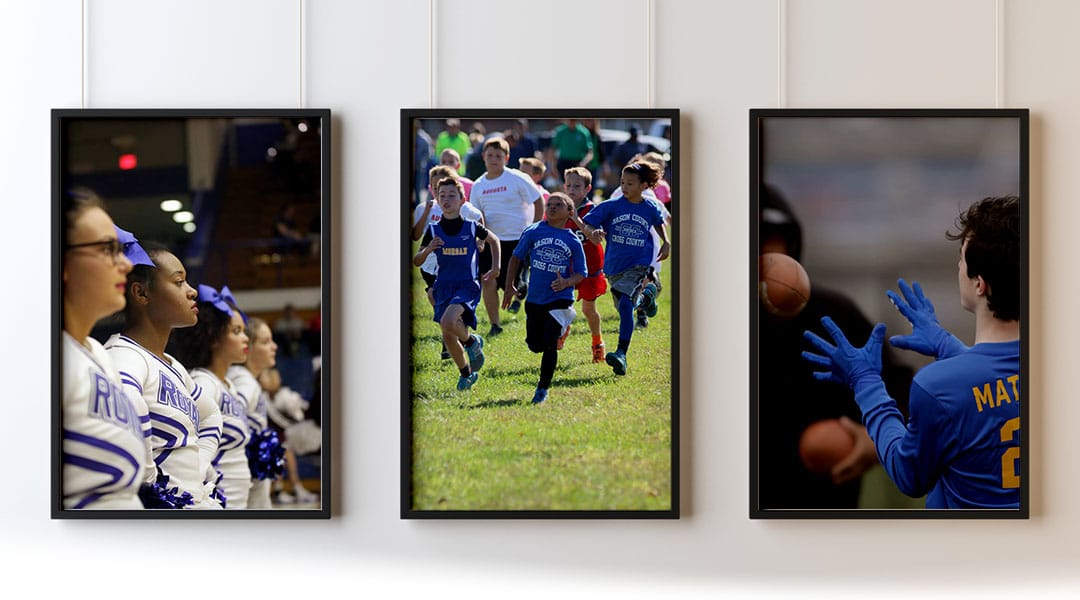 3 images hanging on a wall with youth sports pictured.